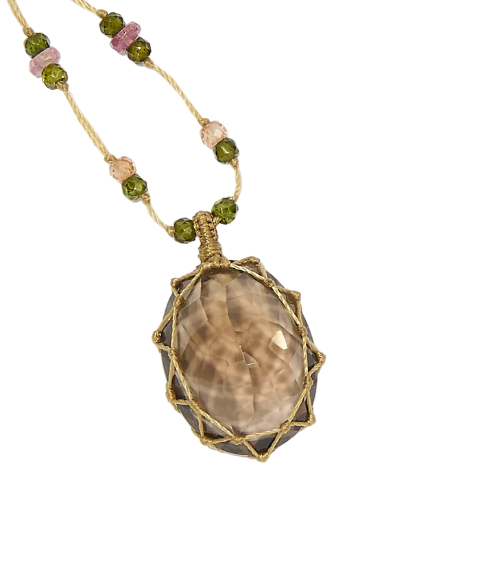 Collier Court Tibétain - Quartz fumé - Mix Tourmaline - Fil Beige
