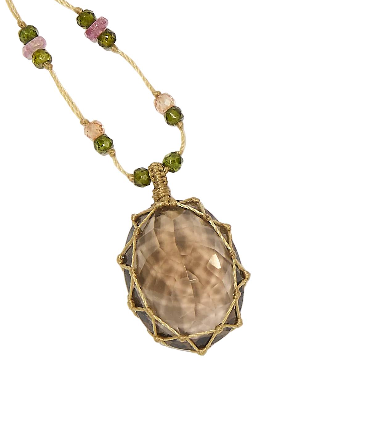 Collier Court Tibétain - Quartz fumé - Mix Tourmaline - Fil Beige