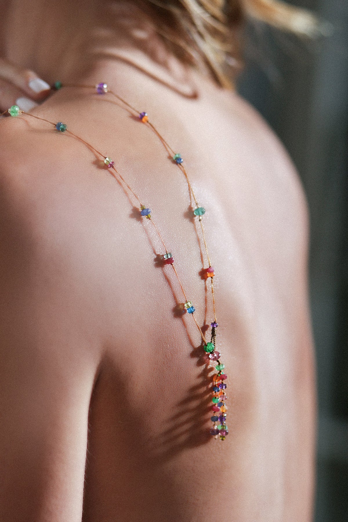 Holy Labradorite &amp; Tourmalines Long Necklace - Beige Thread