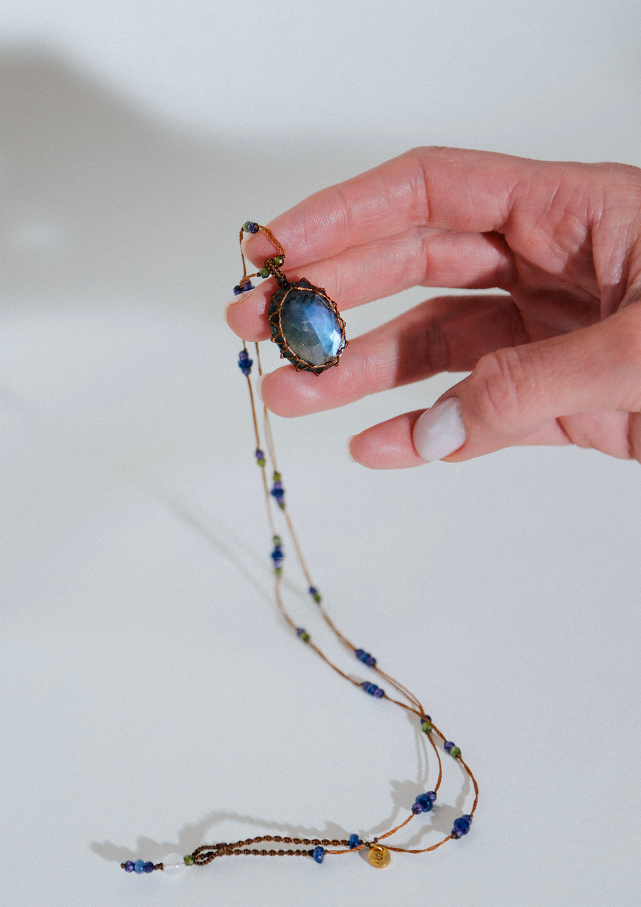 Tibetan Long Necklace - Blue Fire Labradorite - Mix Multi Stones - Beige Thread