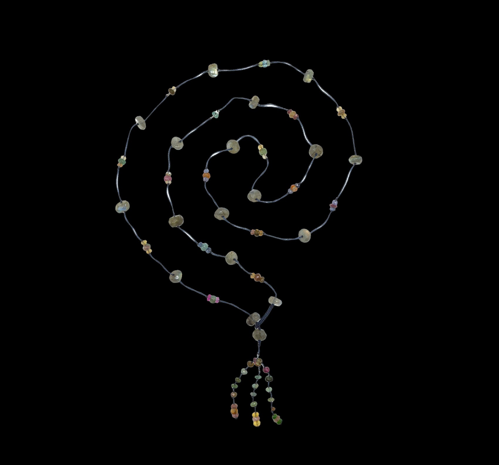 Holy Labradorite &amp; Tourmalines Long Necklace - Blue Thread