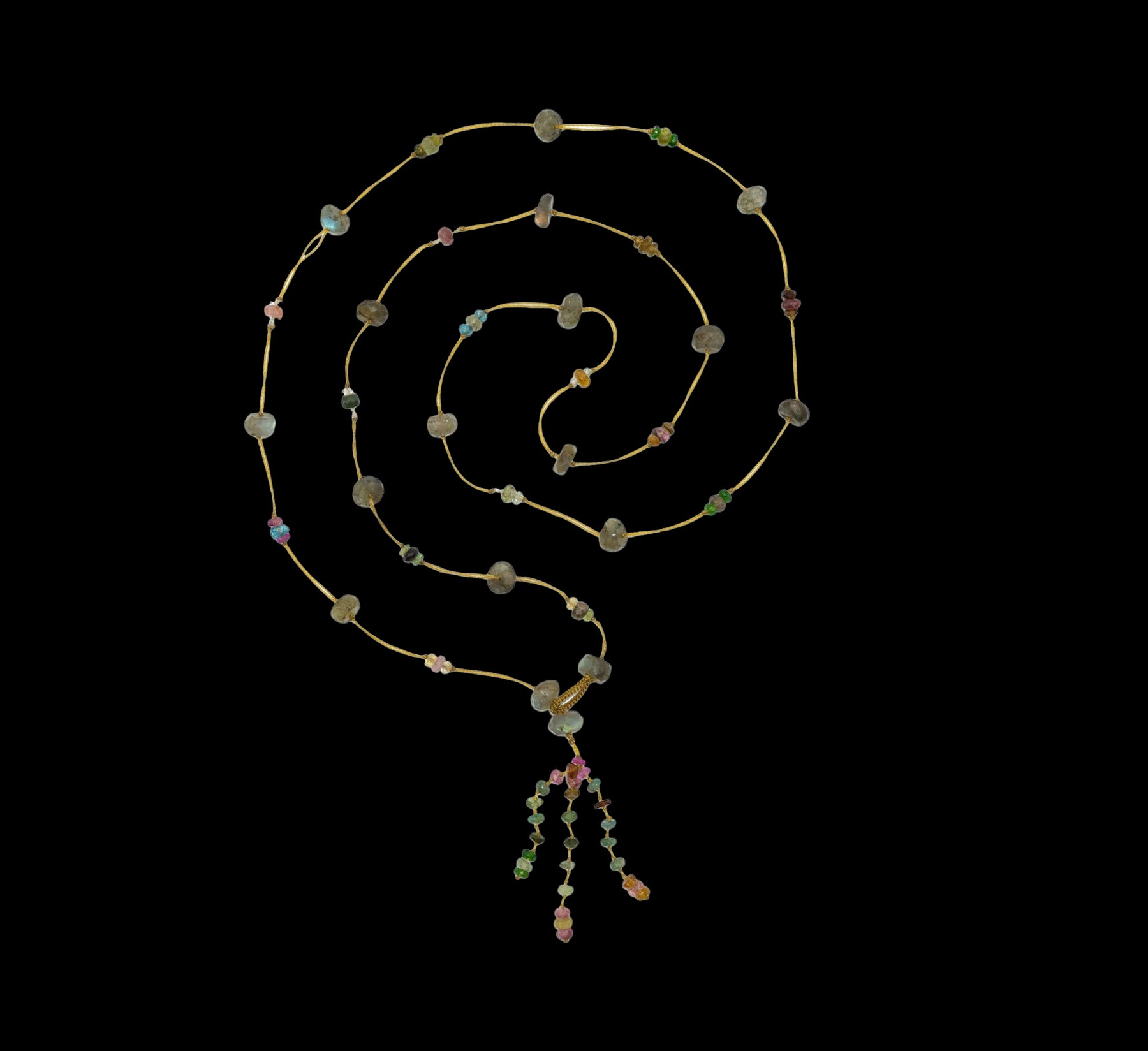 Holy Labradorite &amp; Tourmalines Long Necklace - Beige Thread