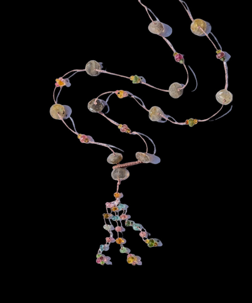 Holy Labradorite &amp; Tourmalines Long Necklace - Light Pink Thread