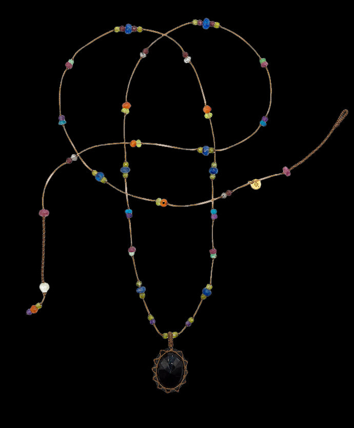 Tibetan Long Necklace - Black Onyx - Mix Multi Stones - Tobacco Thread