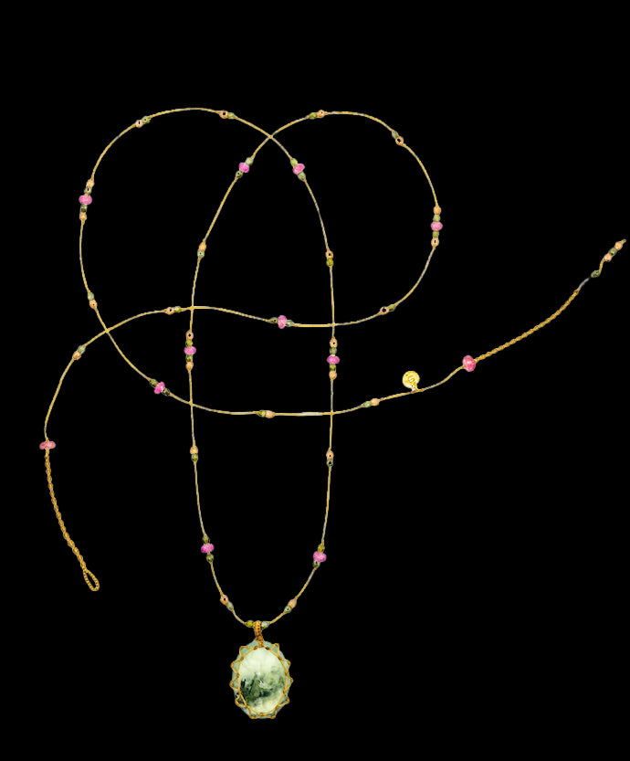 Tibetan Long Necklace - Rutile Prehnite - Mix Pink Tourmaline - Beige Thread
