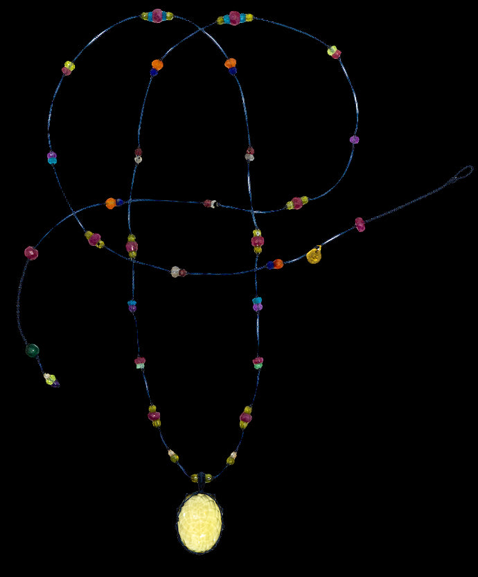 Tibetan Long Necklace - Lemon Topaz - Mix Multi Stones - Blue Thread
