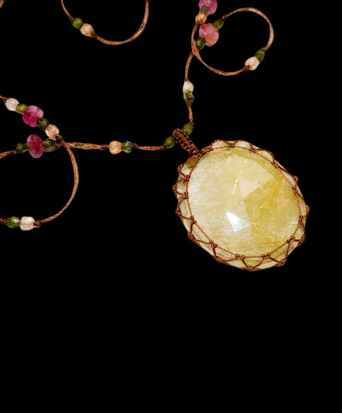 Tibetan Long Necklace - Rutile Gold - Mix Pink Tourmaline - Tabac Thread