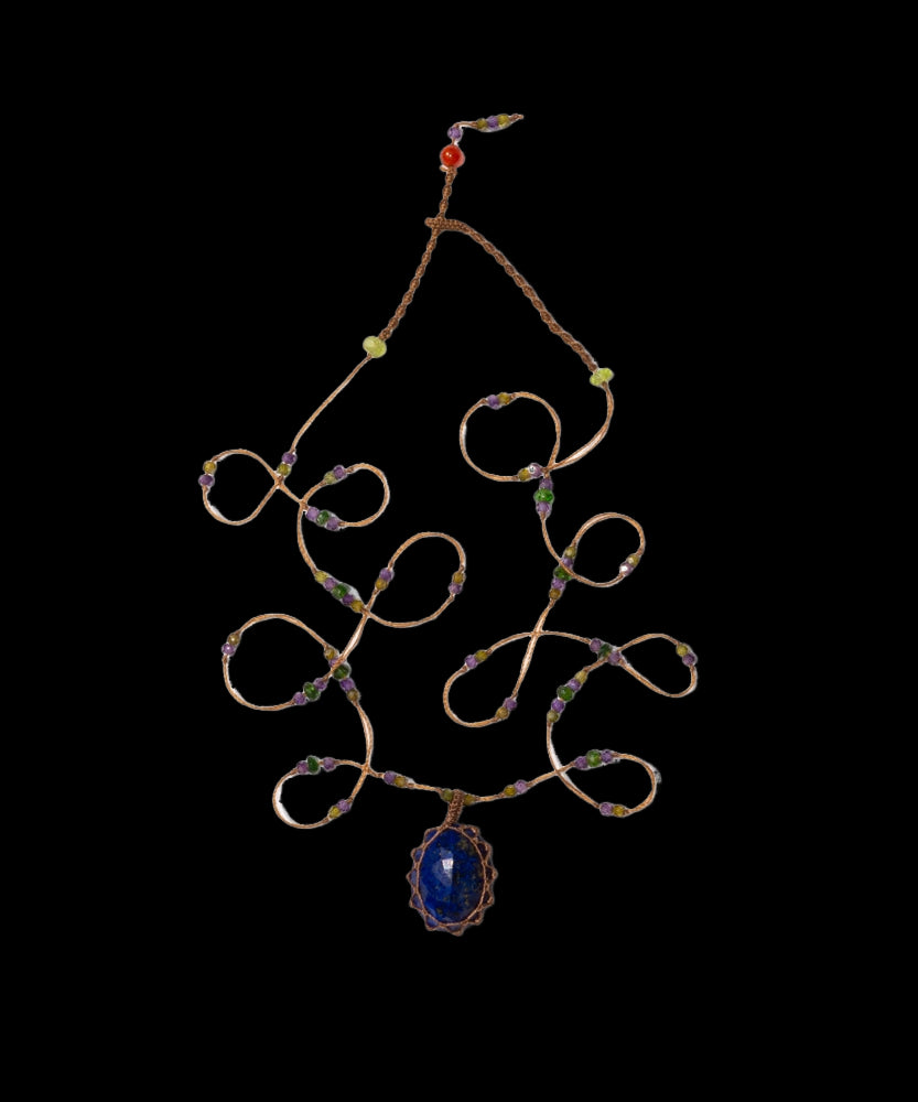 Tibetan Long Necklace - Lapis Lazuli - Mix Tsavorite - Tabac Thread