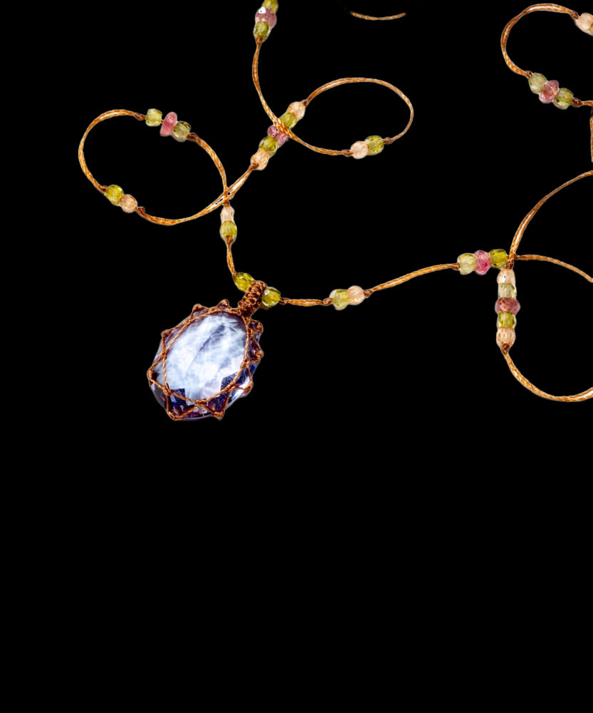 Short Tibetan Necklace - Blue Fluorite - Mix Pink Tourmaline - Tobacco Thread