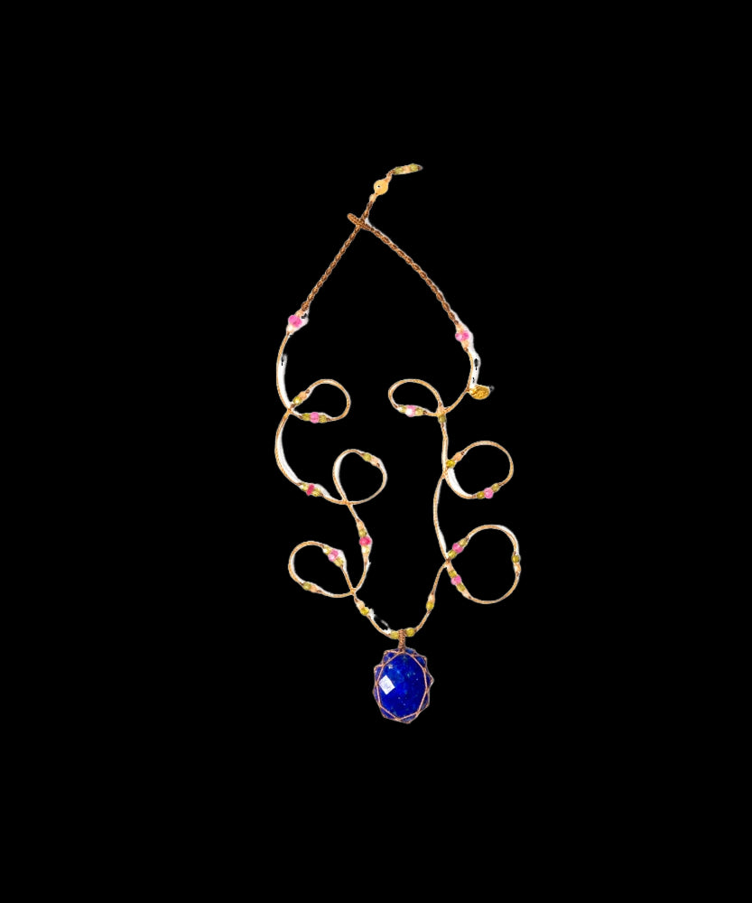 Tibetan Short Necklace - Lapis Lazuli - Mix Pink Tourmaline - Beige Thread