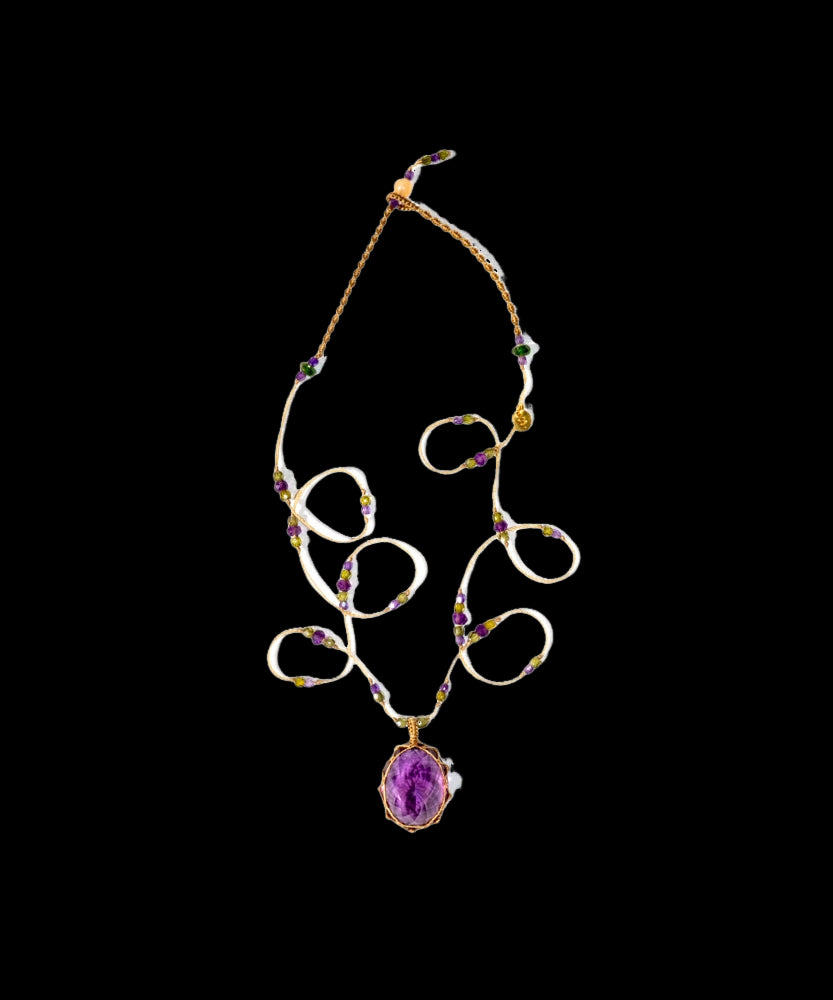 Tibetan Short Necklace - Dark Violet Amethyst - Amethyst Mix - Beige Thread