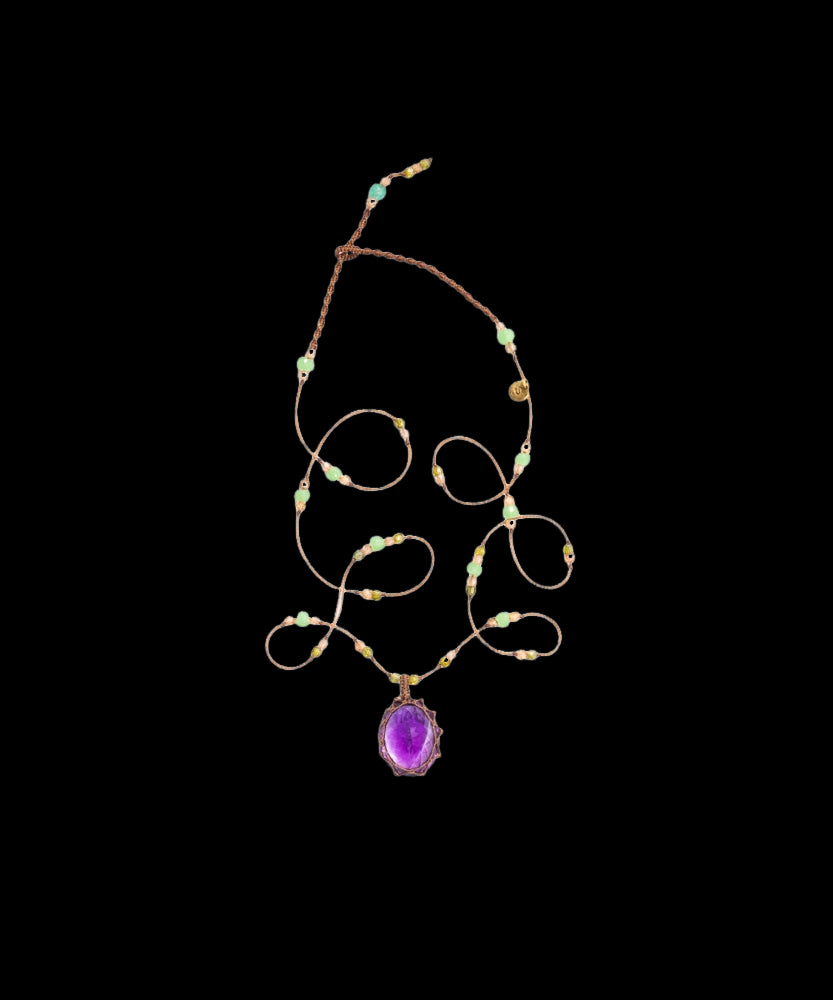 Tibetan Short Necklace - Light Violet Amethyst - Chrysoprase Mix - Tobacco Thread