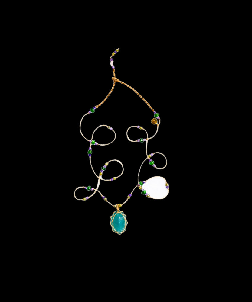 Tibetan Short Necklace - Grandidierite - Mix Tsavorite - Beige Thread