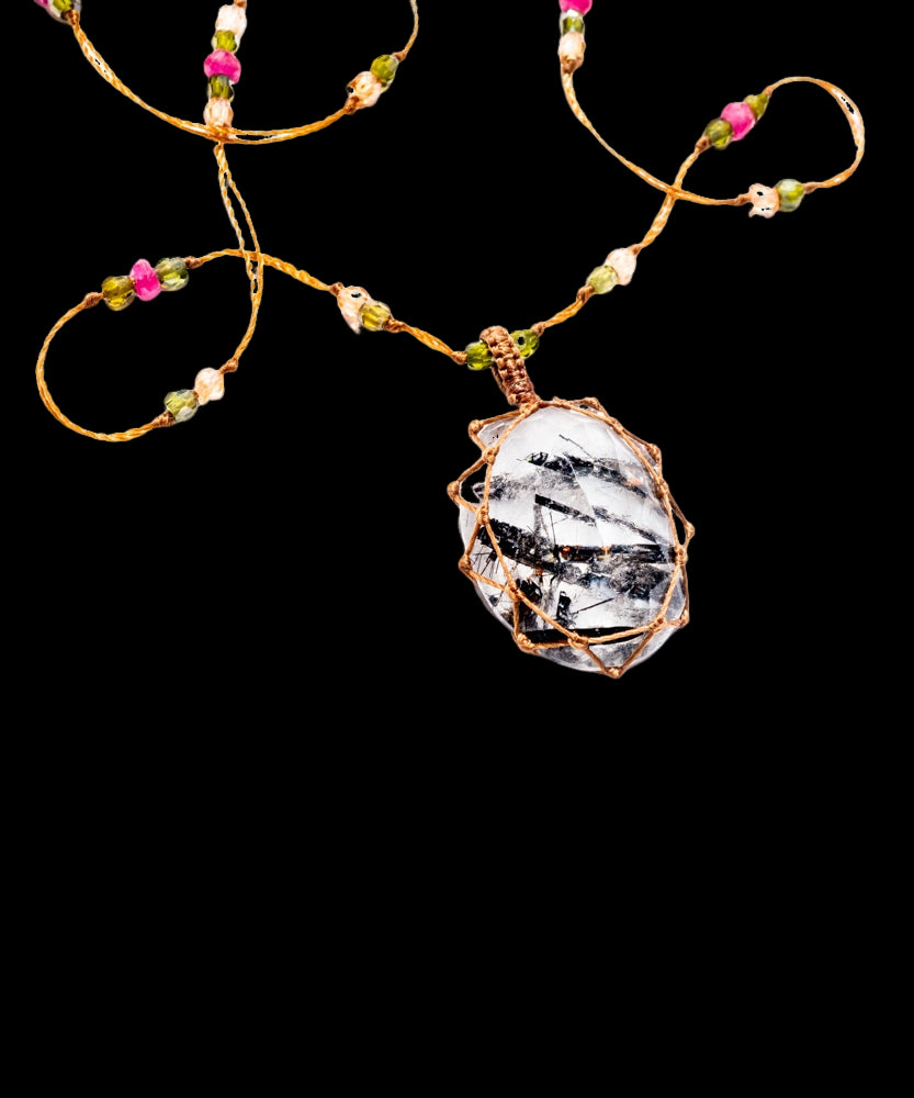 Short Tibetan Necklace - Black Rutile Quartz - Mix Pink Tourmaline - Beige Thread