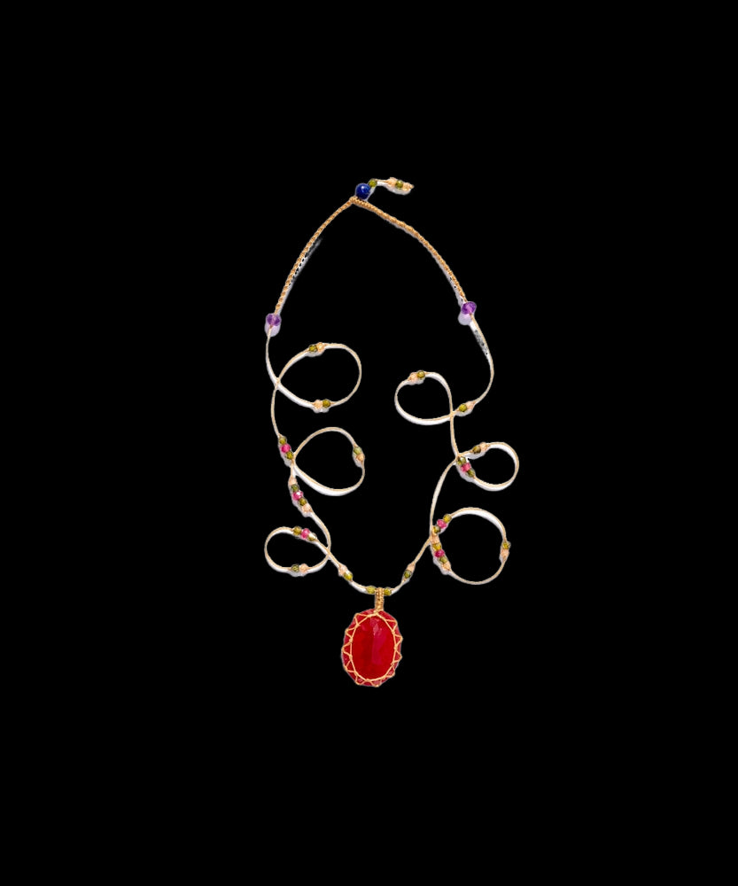 Tibetan Short Necklace - Rubellite - Mix Pink Tourmaline - Beige Thread