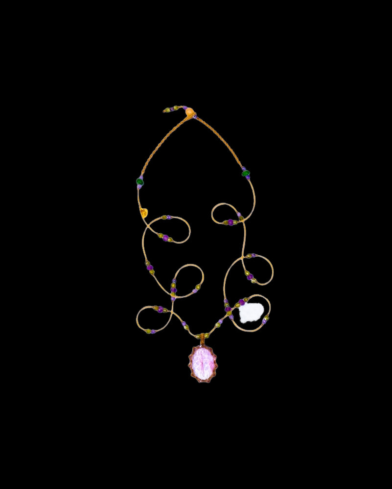 Tibetan Short Necklace - Light Violet Amethyst - Amethyst Mix - Beige Thread