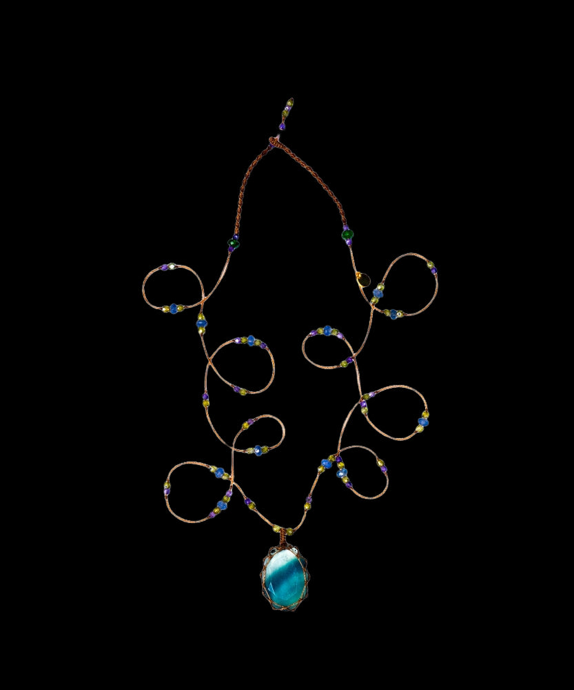 Tibetan Long Necklace - Fluorite Rainbow - Mix Sapphire - Tobacco Thread