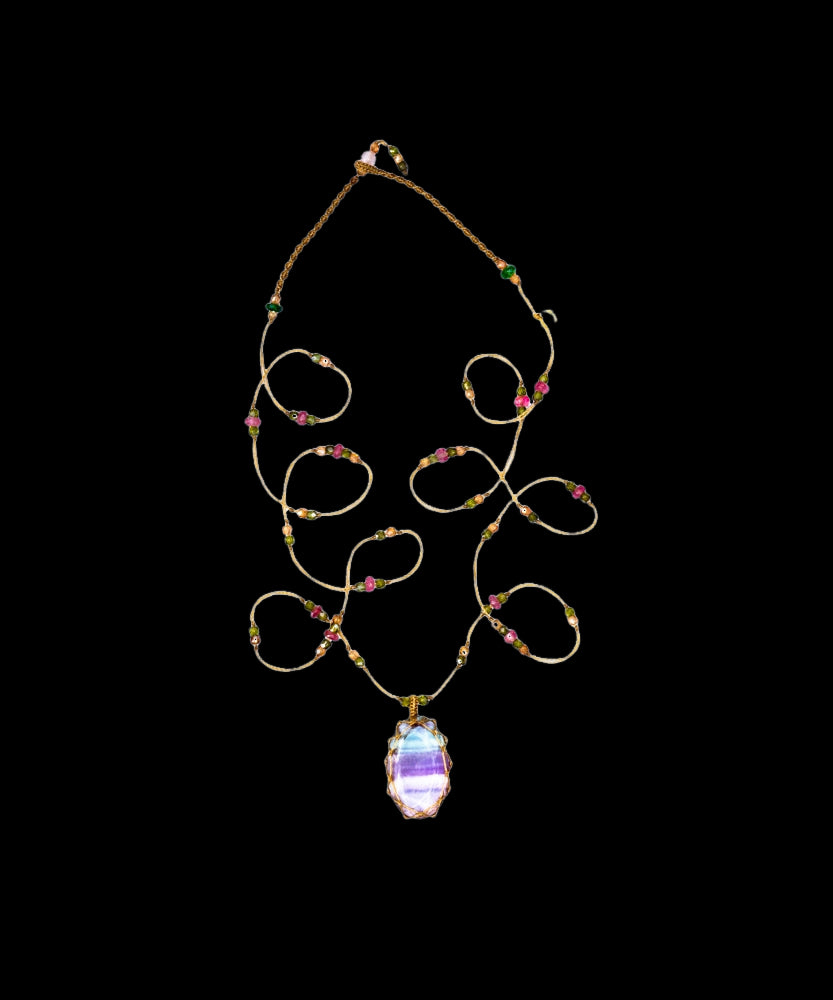 Tibetan Long Necklace - Rainbow Fluorite - Pink Tourmaline Mix - Beige Thread