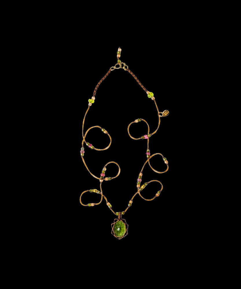 So Precious Short Tibetan Necklace - Moldavite - Mix Pink Tourmaline - Tobacco Thread