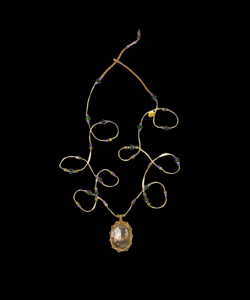 Tibetan Long Necklace - Brown Corundum - Tsavorite Mix - Beige Thread