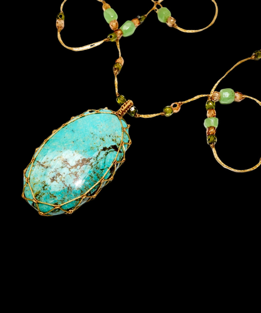 Tibetan Long Necklace - Turquoise - Chrysoprase Mix - Beige Thread