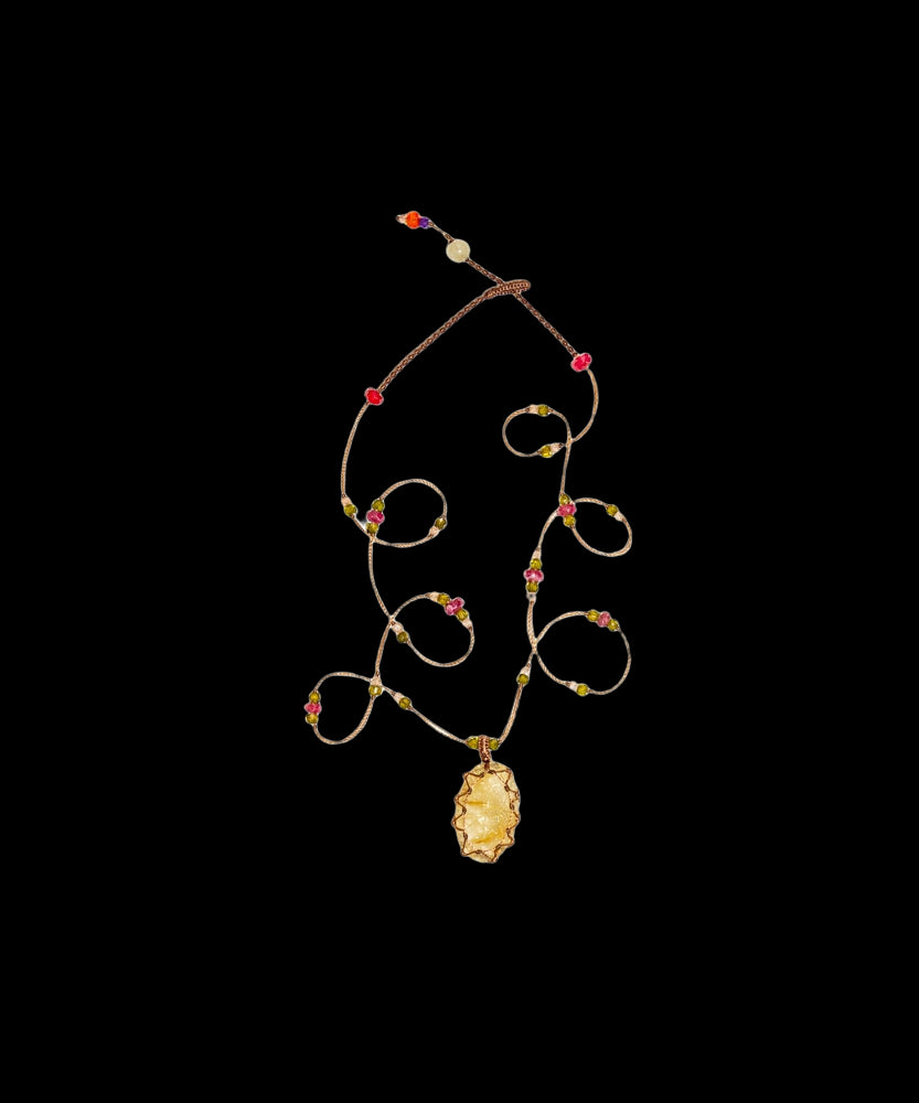 Tibetan Short Necklace - Gold Rutile Quartz - Mix Pink Tourmaline - Beige Thread