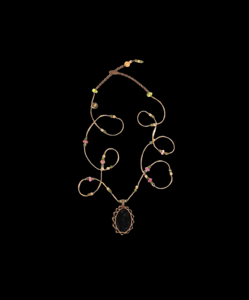 Short Tibetan Necklace - Black Onyx - Mix Pink Tourmaline - Beige Thread