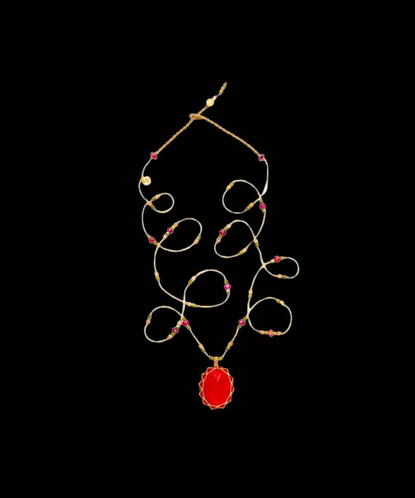 Tibetan Long Necklace - Rubellite - Ruby Mix - Beige Thread