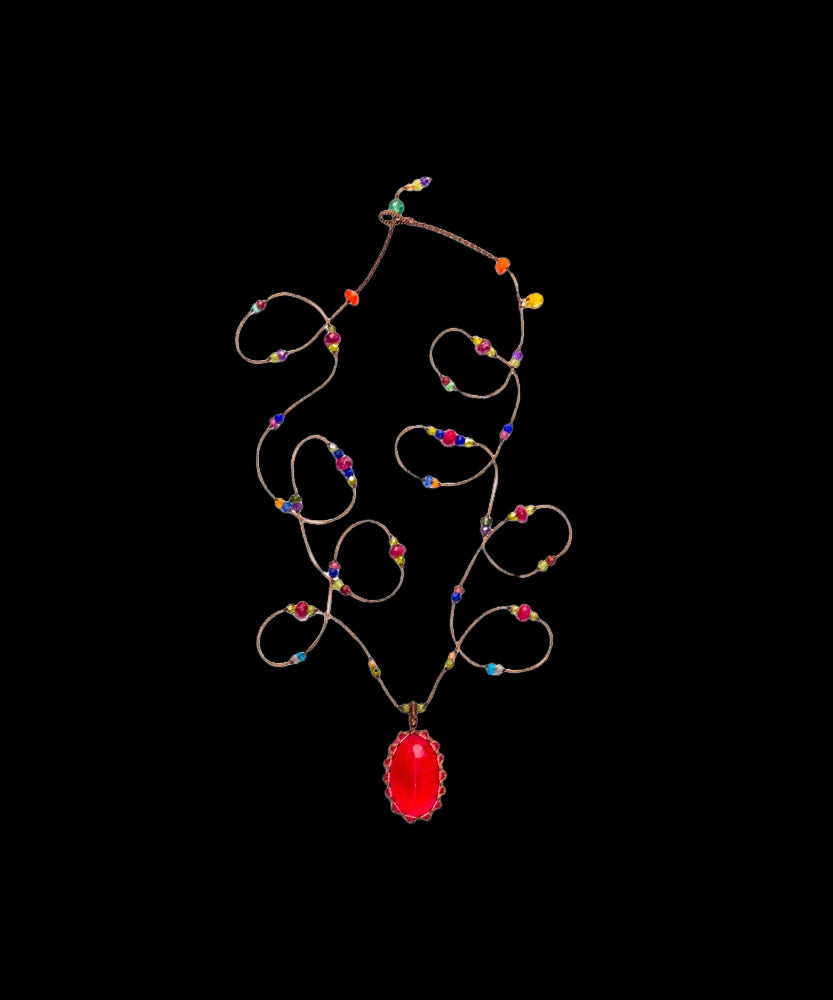 Tibetan Long Necklace - Rubellite - Mix Multi Stones - Tabac Thread