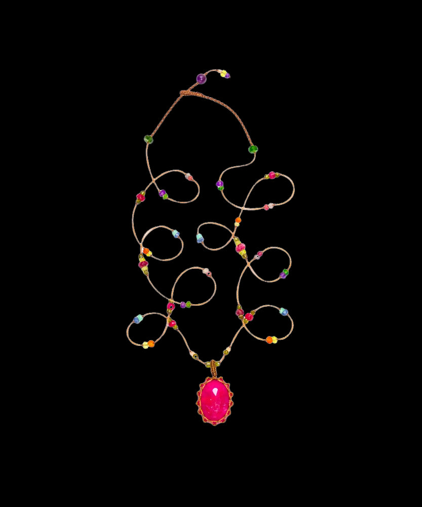 Tibetan Long Necklace - Pink Tourmaline - Multi Stones - Tabac Thread