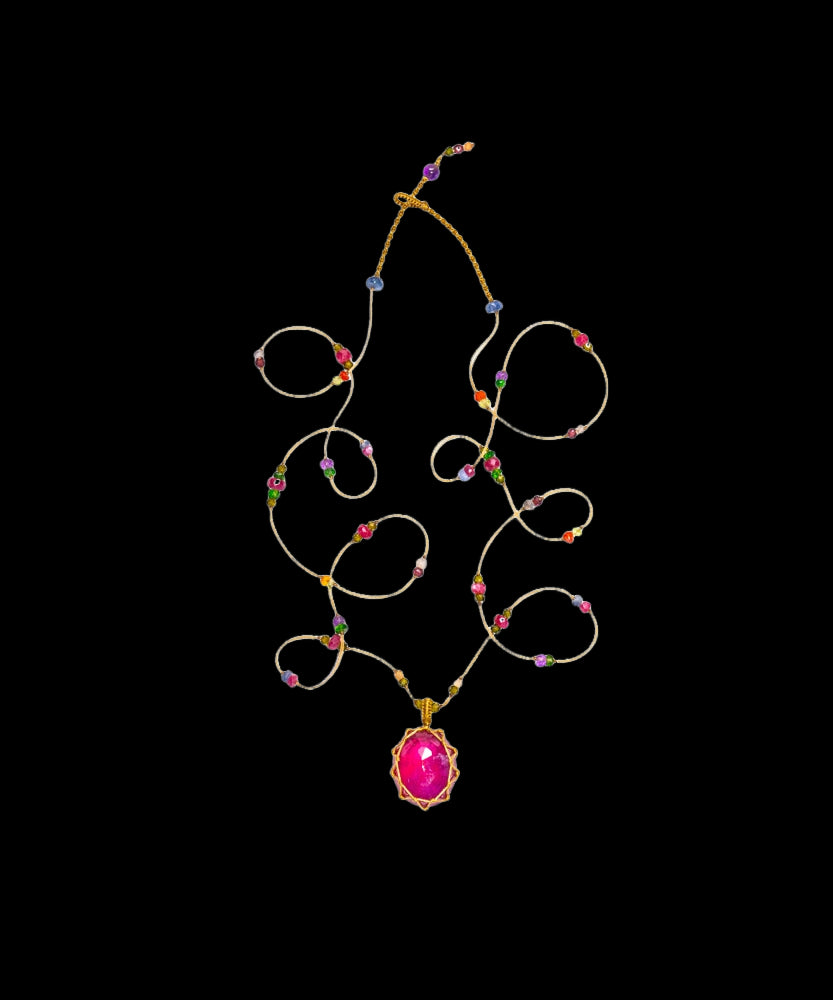 Tibetan Long Necklace - Pink Tourmaline - Mix Multi Stones - Beige Thread