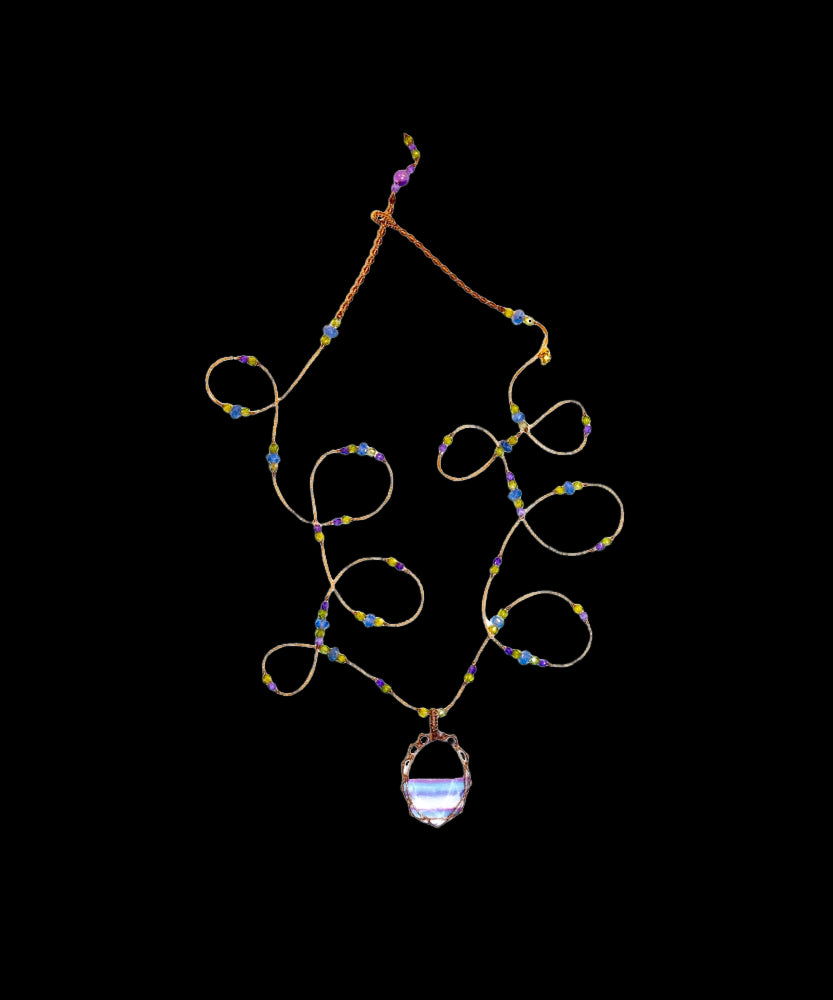 Tibetan Long Necklace - Fluorite Rainbow - Mix Sapphire - Tobacco Thread