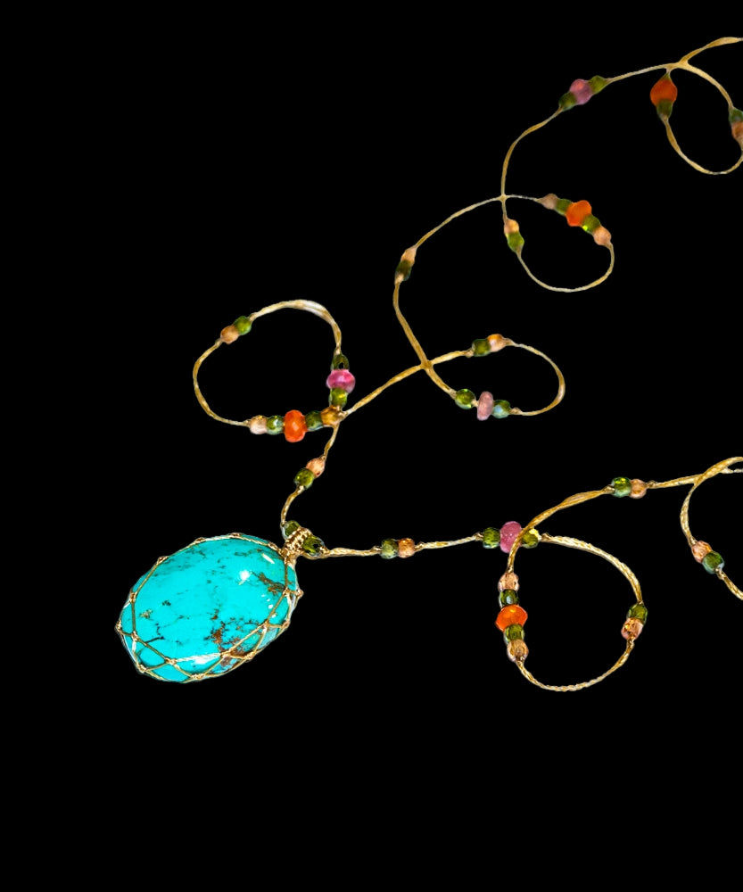 Tibetan Long Necklace - Turquoise - Carnelian Mix - Beige Thread