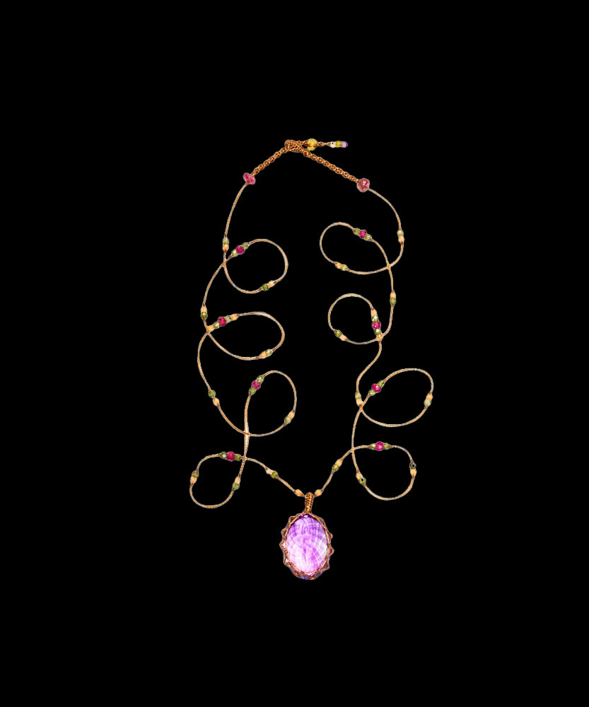 Tibetan Long Necklace - Dark Violet Amethyst - Mix Multi Stones - Tobacco Thread