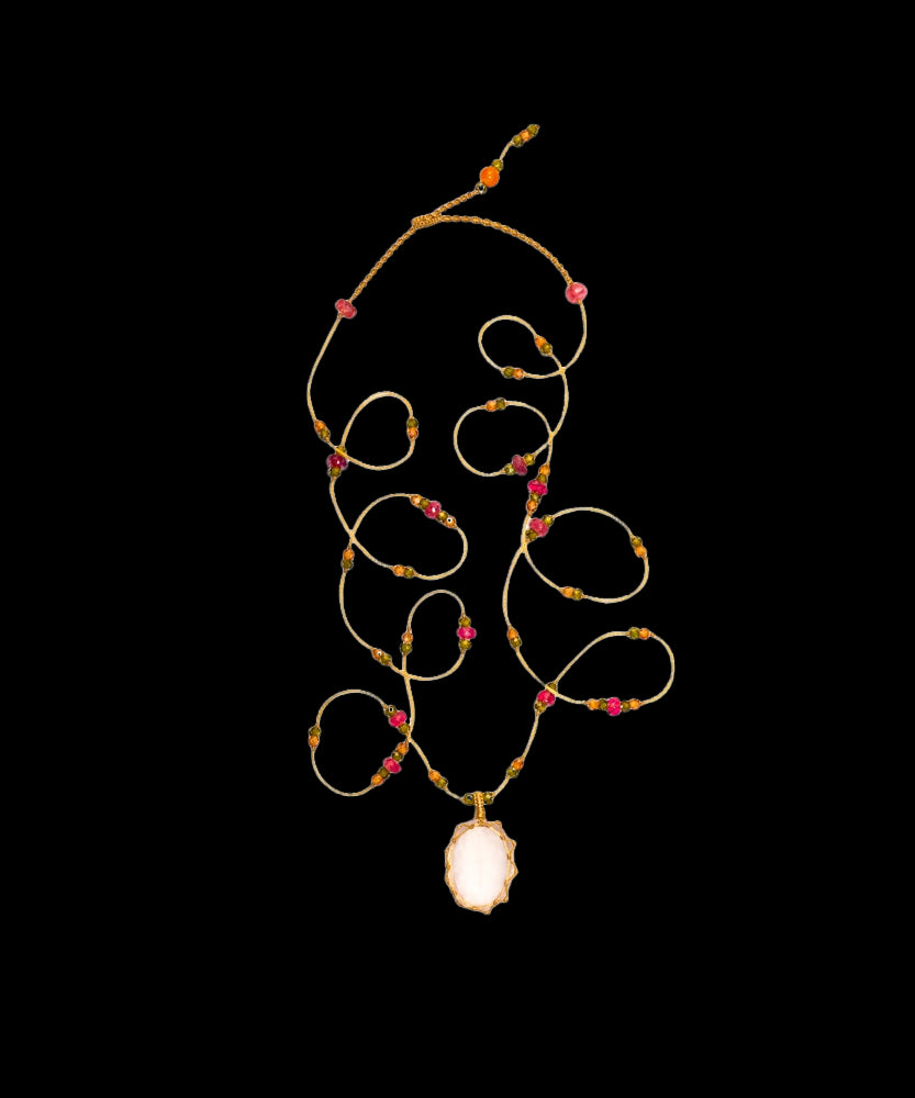 Tibetan Long Necklace - Rose Quartz - Mix Pink Tourmaline - Beige Thread