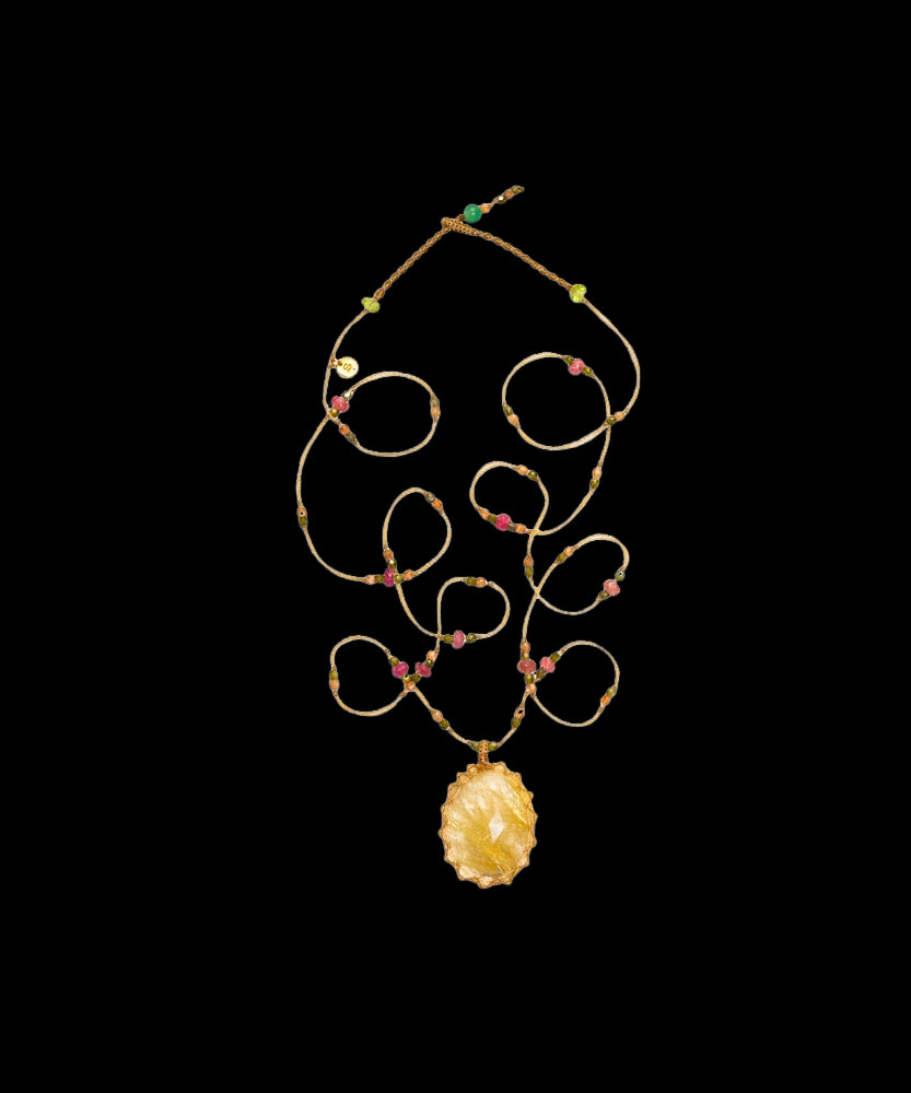 Tibetan Long Necklace - Rutile Gold - Mix Pink Tourmaline - Beige Thread