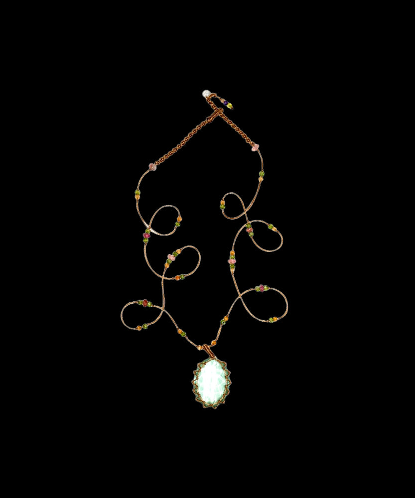 Short Tibetan Necklace - Green Fluorite - Mix Pink Tourmaline - Beige Thread