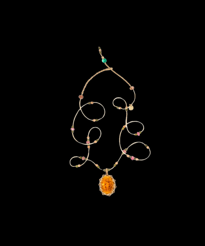 Short Tibetan Necklace - Honey Quartz - Mix Pink Tourmaline - Beige Thread