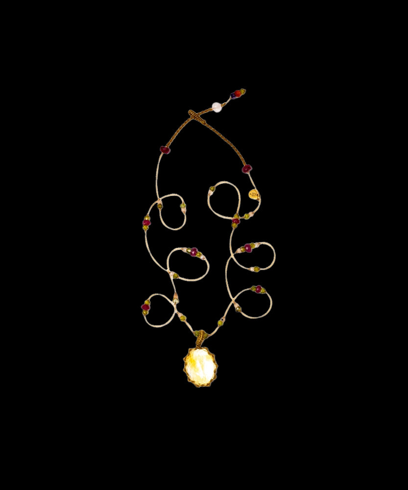 Tibetan Short Necklace - Citrine - Mix Pink Tourmaline - Beige Thread