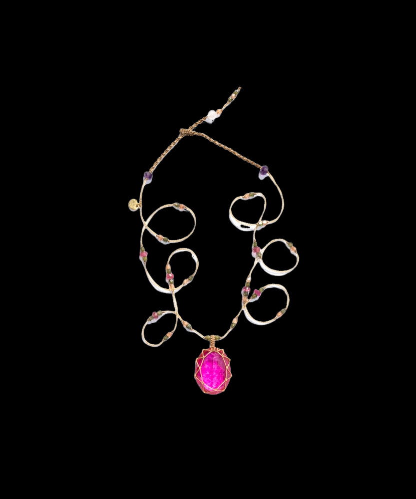 Tibetan Short Necklace - Indian Glass Rose - Mix Pink Tourmaline - Beige Thread