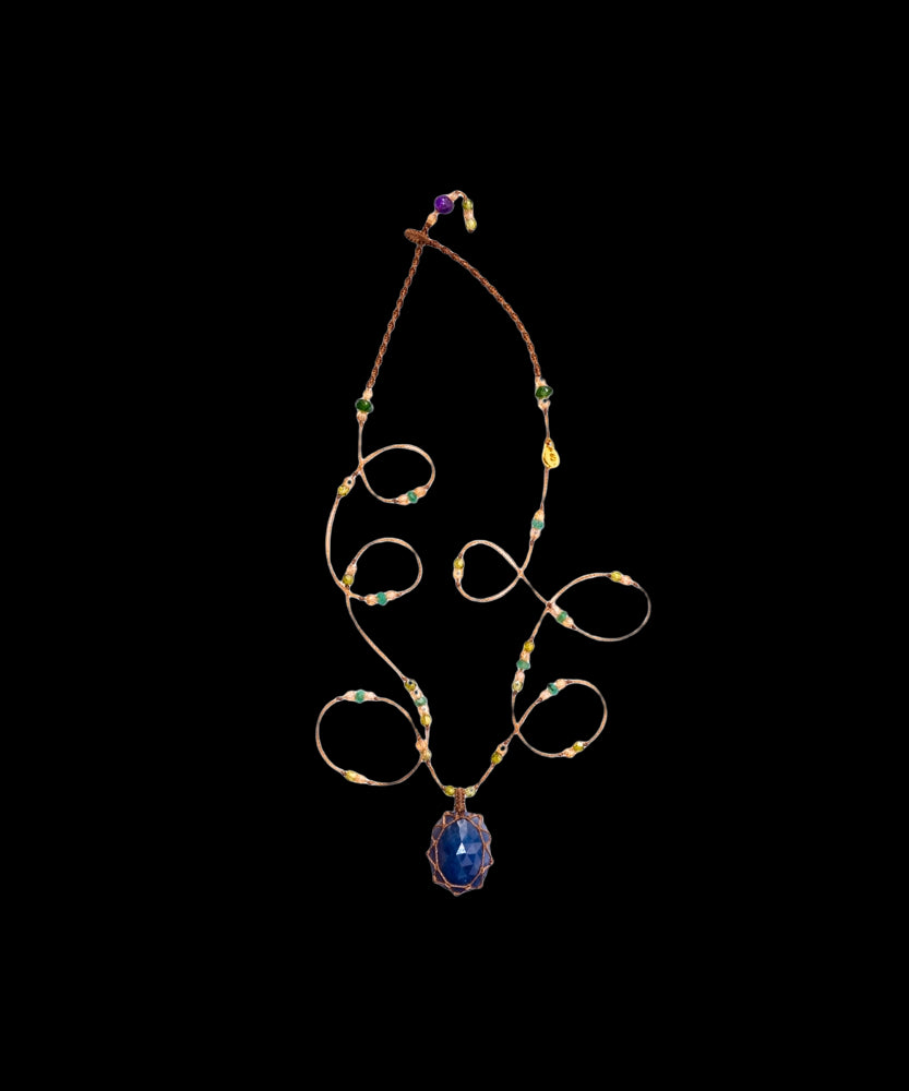 Tibetan Short Necklace - Blue Corundum - Emerald Mix - Tobacco Thread