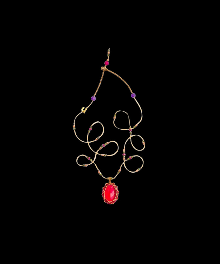 Collier Court Tibétain - Indian Glass Rouge - Mix Tourmaline Rose - Fil Beige